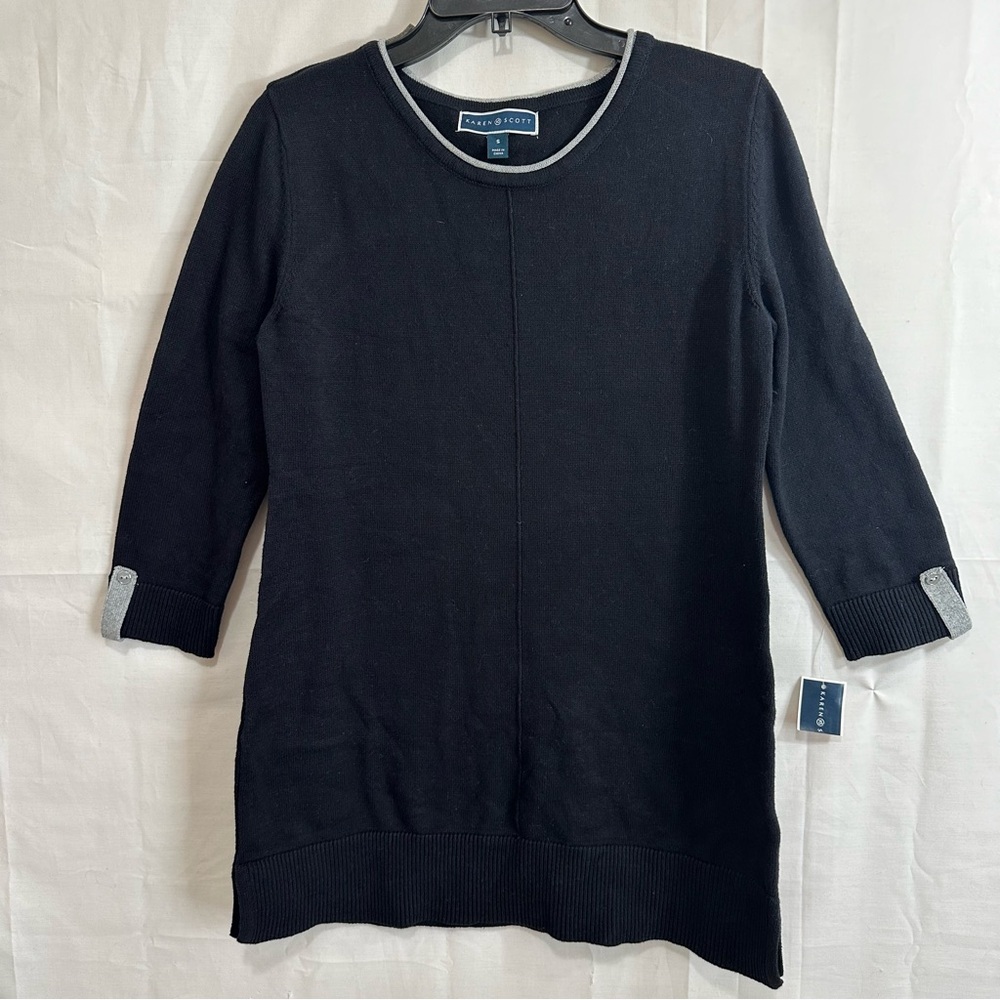 Karen Scott Womens Contrast Rollneck 3/4 Sleeve Cotton Sweater Black Grey Small